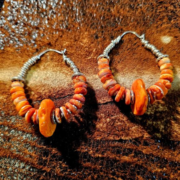 Orange Spiny Oyster Artisan Sterling Hoop Earrings Vintage - Picture 7 of 8